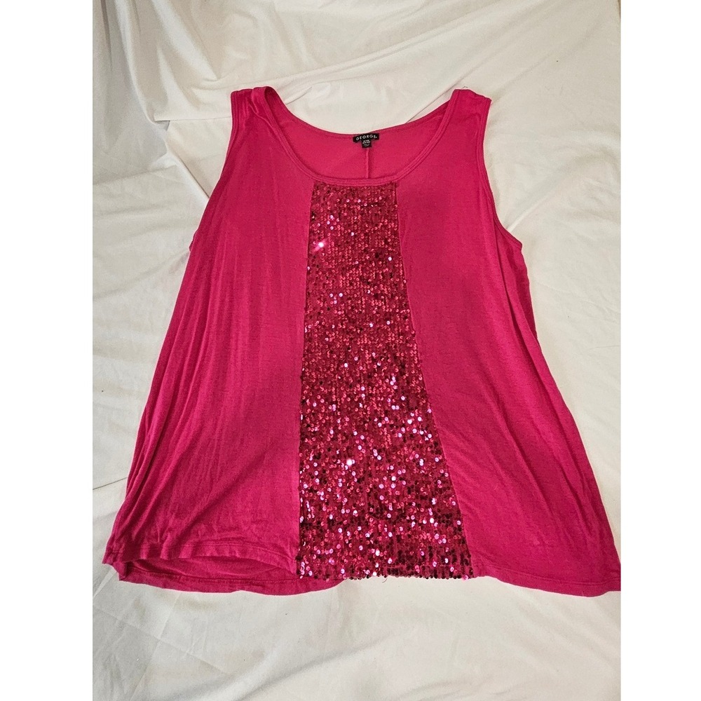 George Hot Pink Sequin Front Tank Top Plus Size 3X 22W-24W Sleeveless Scoop Neck